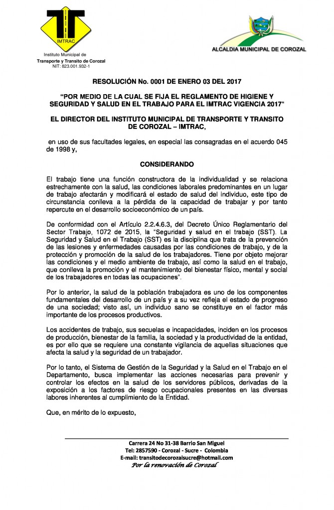 Reglamento De Higiene, Seguridad Y Salud En El Trabajo Para El IMTRAC